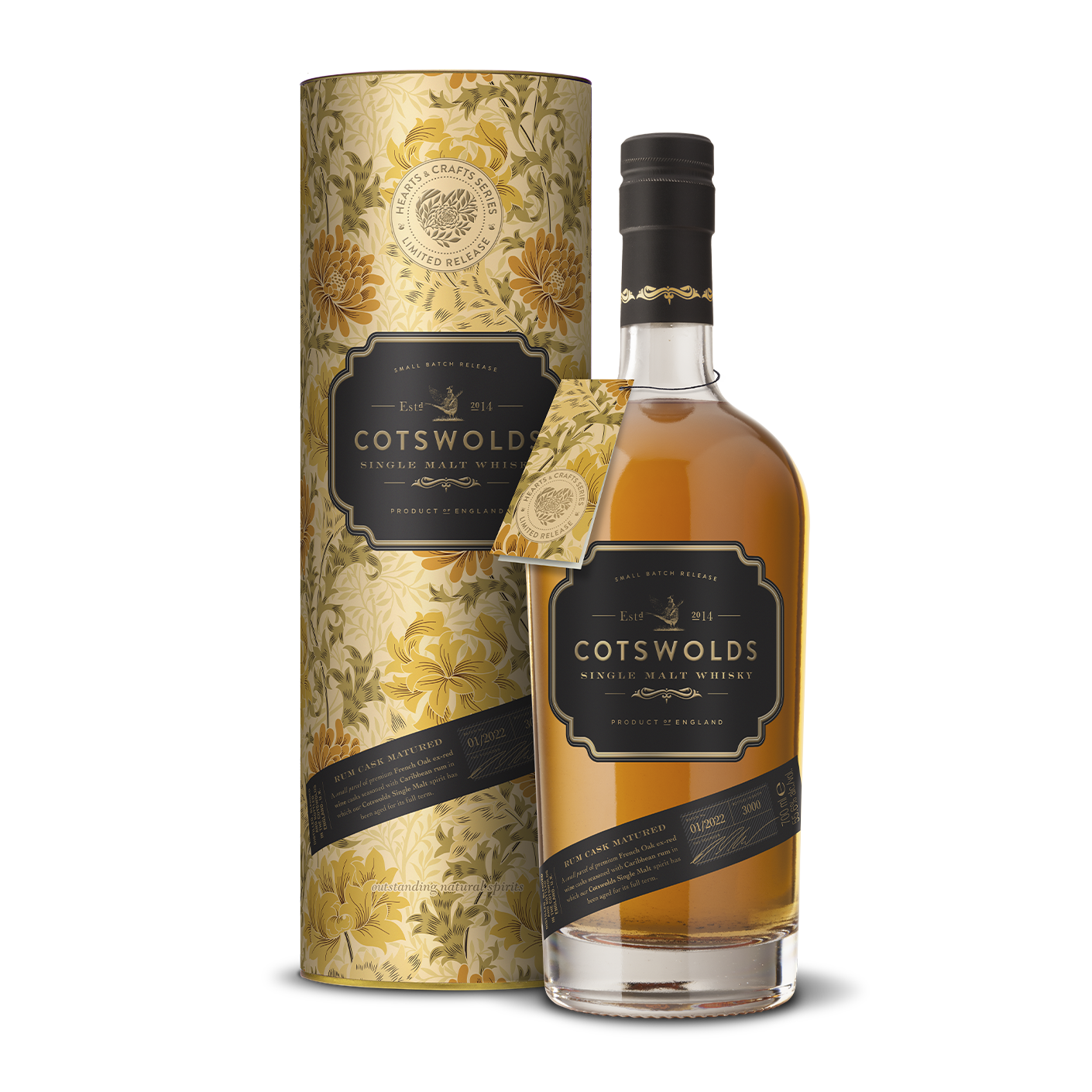 cotswolds hearts and crafts rum cask single malt whisky bottle with gift tube