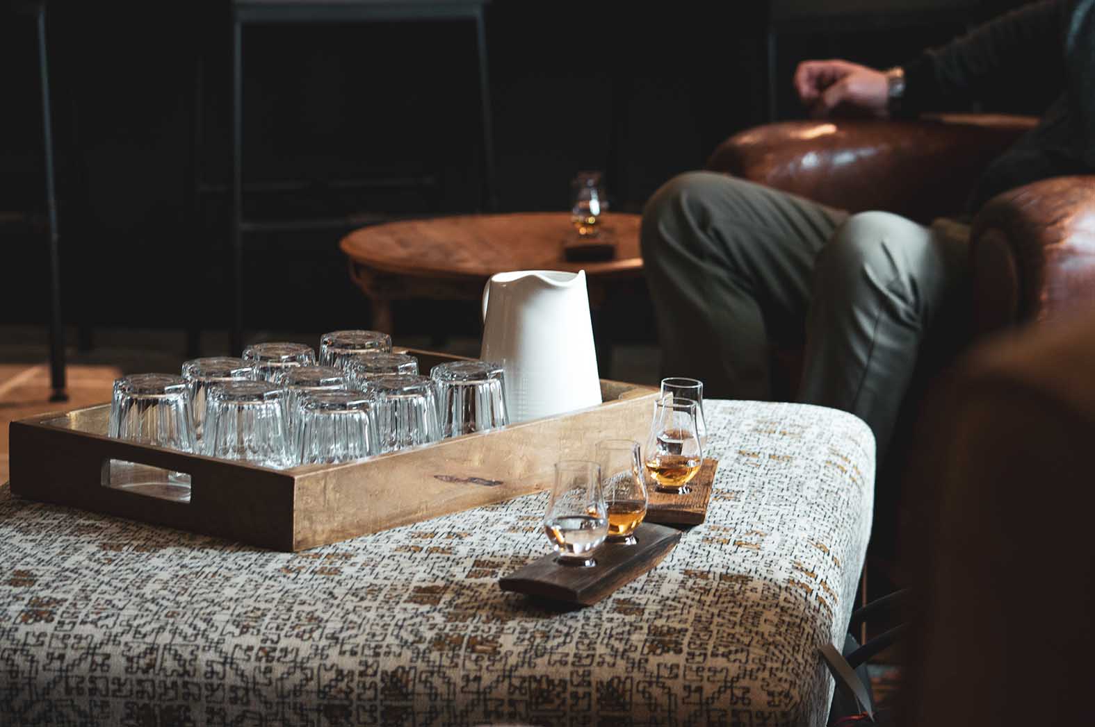whisky and gin flight in tasting room